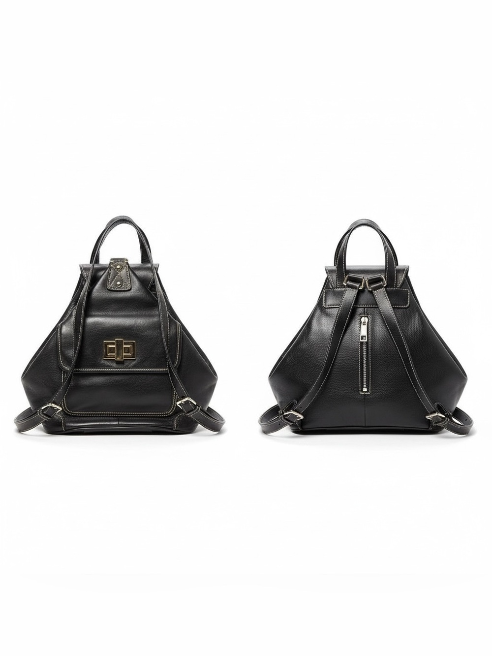 Black Faux Leather Sling Backpack Bag Contrast Stitch Purse